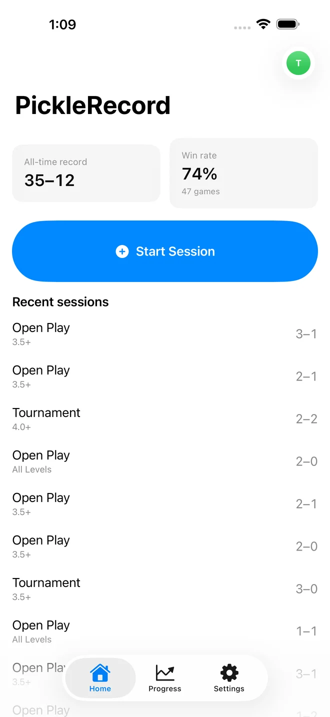 The PickleRecord home screen showing an all-time record of 35–12, a 74% win rate over 47 games, a Start Session button, and a list of recent sessions