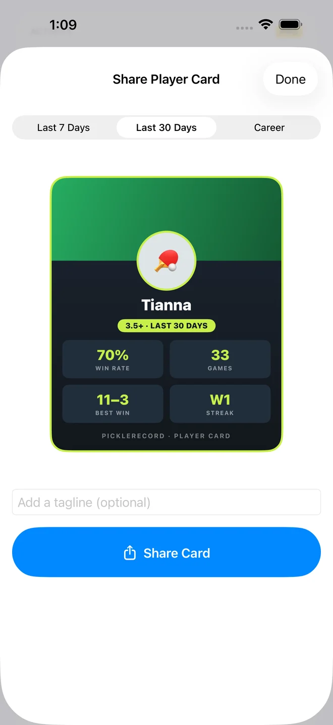 The PickleRecord Share Player Card sheet with Last 30 Days selected, showing a green-and-black player card for Tianna with a table-tennis paddle icon, a 3.5+ · LAST 30 badge, and stat tiles for 70% win rate, 33 games, an 11–3 best win, and a W1 streak