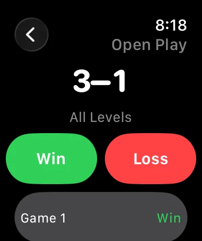 PickleRecord on Apple Watch showing an Open Play session with a score of 3–1, Win and Loss buttons, and a Game 1 · Win row